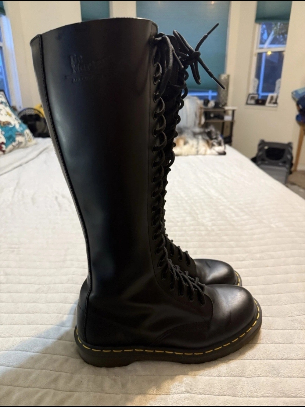 Vintage Dr. Martens Black Leather Lace-Up Combat Boots with Yellow Stitching